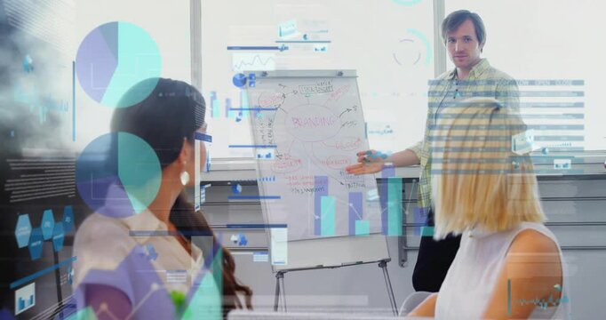 Presenter pointing at flip-chart branding mind-map in business meeting, highlighting digital graphs