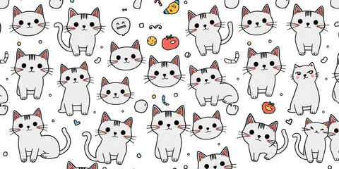 Grey doodle and cartoon cats seamlessly repeating on white background, ample empty space, kitten, copy space