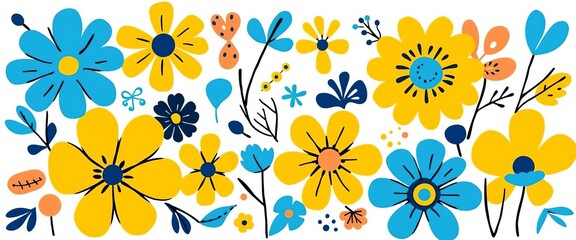 Groovy abstract floral set; organic doodles, blue yellow, retro naive art, vector, isolated, white background, floral pattern, copy space, groovy, trendy