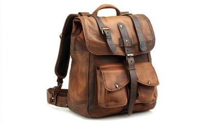 Premium leather backpack with padded back and adjustable straps, perfect for short trips, isolate on white background