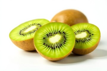 Fototapeta premium Whole and sliced kiwi fruits on white background, delicious, healthy, green