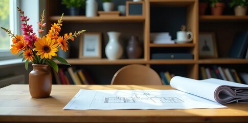 Wooden office table adorned with colorful dried flowers and stack of architectural plans, interior design, plans, workspace