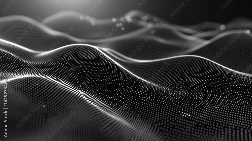 Poster abstract digital wave of particles flows across a dark background, symbolizing futuristic technology