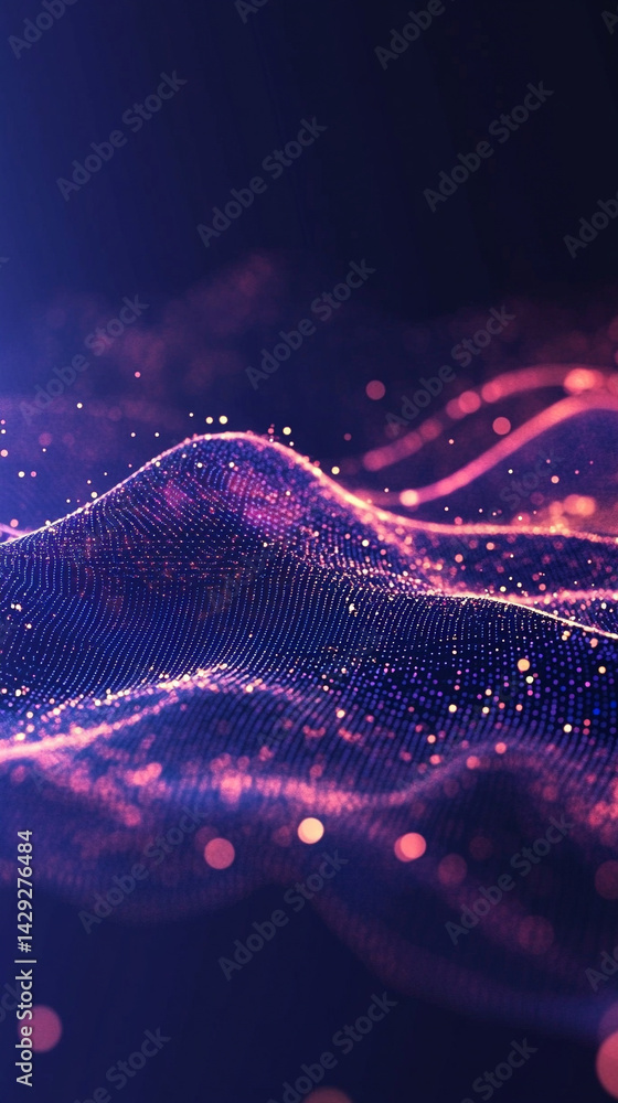 Poster abstract digital wave of particles flows across a dark background, symbolizing futuristic technology