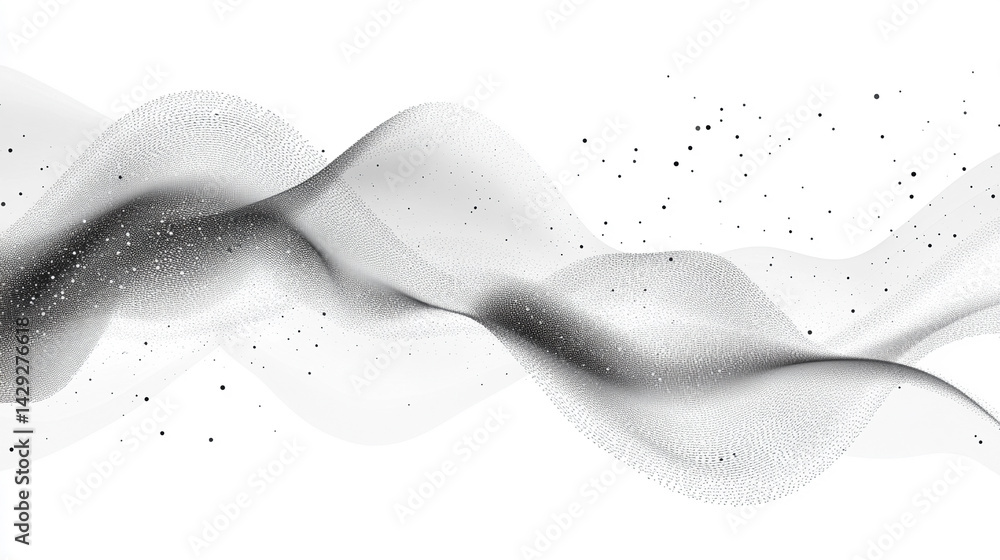 Poster abstract digital wave of particles flows across a dark background, symbolizing futuristic technology