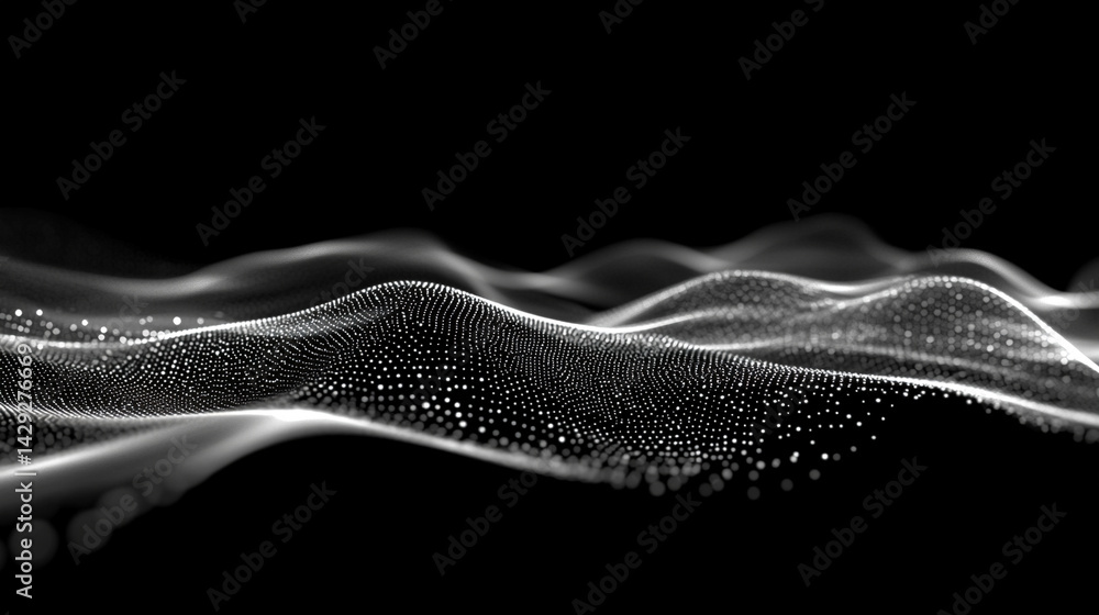 Poster abstract digital wave of particles flows across a dark background, symbolizing futuristic technology
