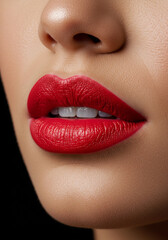 Fototapeta premium Close-up of a woman's lips with vibrant red lipstick, revealing perfect white teeth, beauty, and cosmetics.