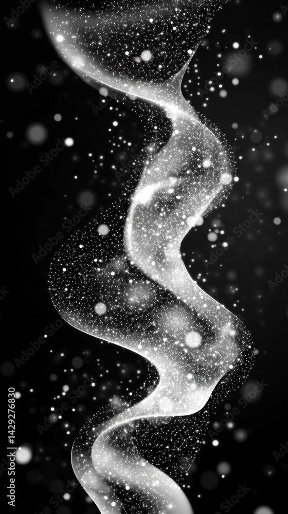 Poster abstract digital wave of particles flows across a dark background, symbolizing futuristic technology