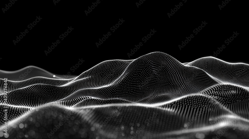 Poster abstract digital wave of particles flows across a dark background, symbolizing futuristic technology