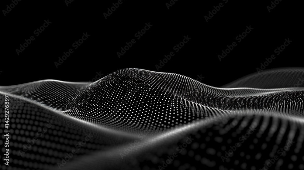 Poster abstract digital wave of particles flows across a dark background, symbolizing futuristic technology