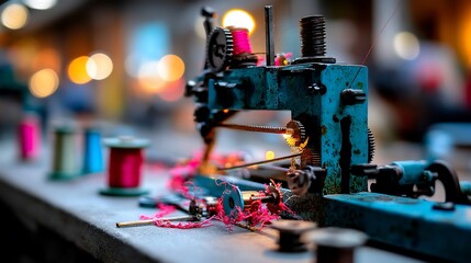 Vintage blue sewing machine with colorful thread and bobbins on a table