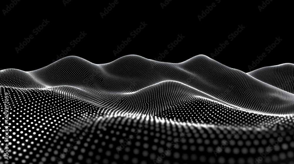 Poster abstract digital wave of particles flows across a dark background, symbolizing futuristic technology