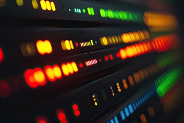 Server rack with vibrant colored indicator lights