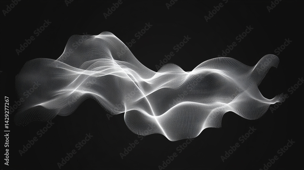 Poster abstract digital wave of particles flows across a dark background, symbolizing futuristic technology