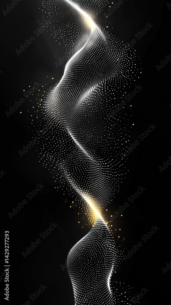 Poster abstract digital wave of particles flows across a dark background, symbolizing futuristic technology