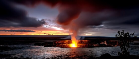 Volcanic eruption at dusk with fiery glow, steam rising, and silhouetted plant. Dramatic landscape