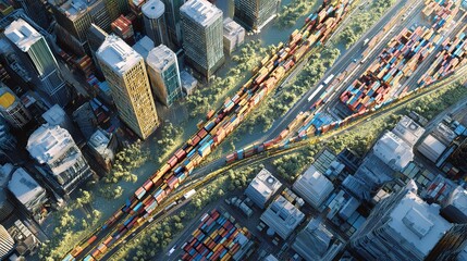 Fototapeta premium Aerial View of Container Shipping and Urban Landscape Visualization