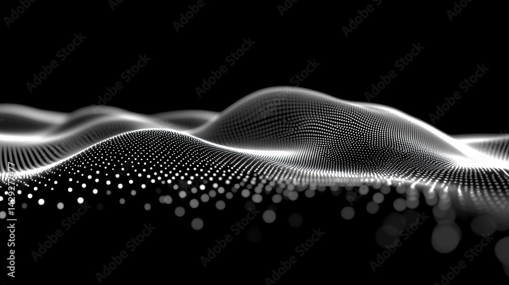 Poster abstract digital wave of particles flows across a dark background, symbolizing futuristic technology