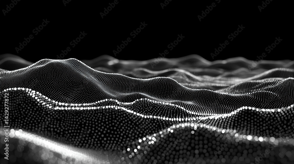 Poster abstract digital wave of particles flows across a dark background, symbolizing futuristic technology