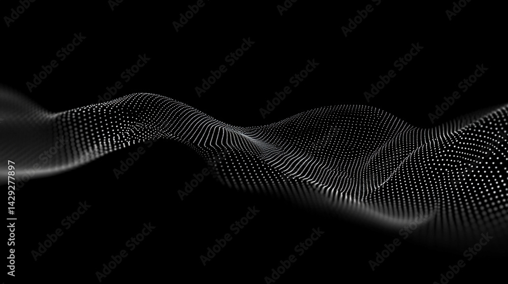 Poster abstract digital wave of particles flows across a dark background, symbolizing futuristic technology