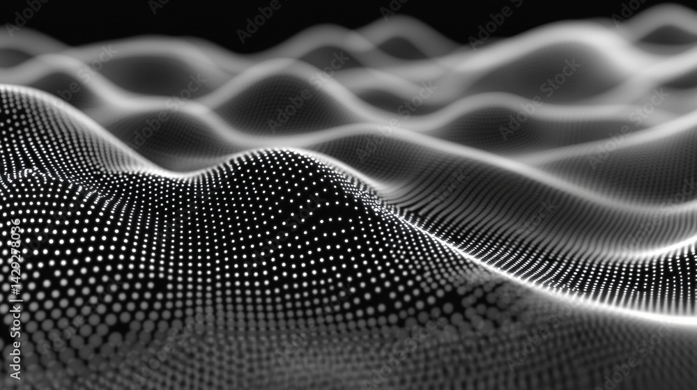 Poster abstract digital wave of particles flows across a dark background, symbolizing futuristic technology