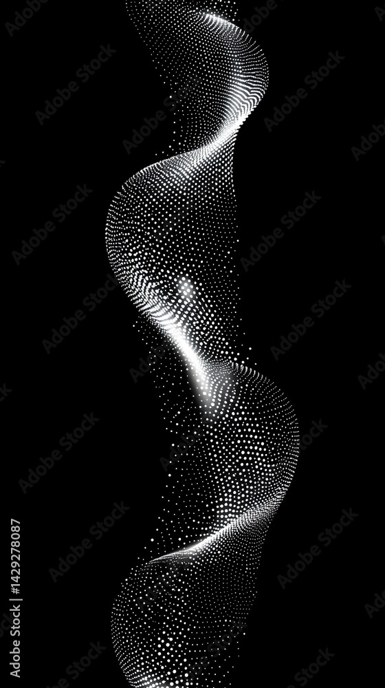 Poster abstract digital wave of particles flows across a dark background, symbolizing futuristic technology