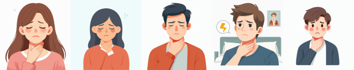 young man with sore throat vector set