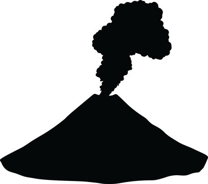 Silhouette of an erupting volcano with thick black smoke