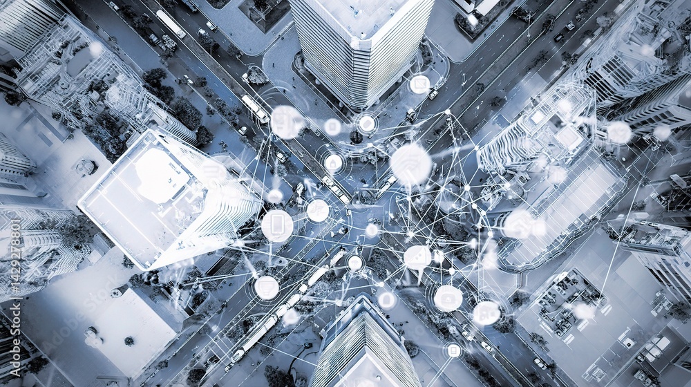 Poster overhead 3d view of business hub with iot devices and connections