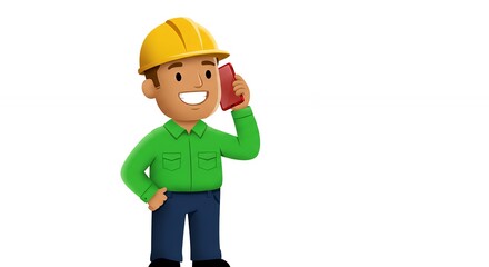 Smiling cartoon engineer talking on phone illustration