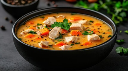 Warm bowl of chicken, carrot soup. Garnish parsley