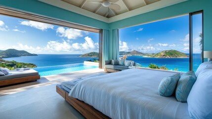 Fototapeta premium Luxurious bedroom with ocean view, infinity pool, island background; vacation rental