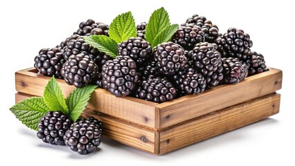 A Wooden Crate Overflowing with Freshly Picked Blackberries and Mint Leaves