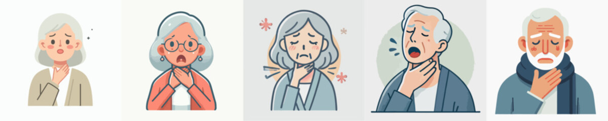 senior people with sore throat vector set