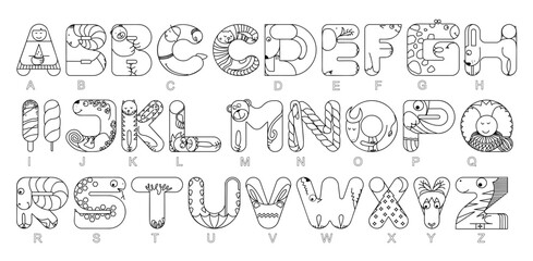 Letters. Alphabet. ABC for kids.  Fun Font.  English learning. Creative Alphabetical order. Language arts. Coloring Worksheet at school, home. Sketch vector illustration