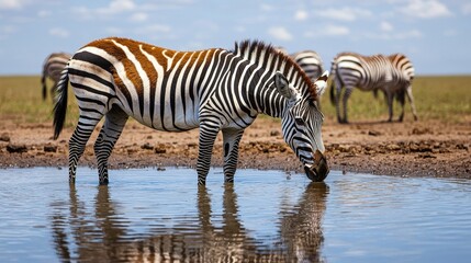 Obraz premium A zebra drinks from a water source, surrounded by others in a natural setting under a bright sky, showcasing the beauty of wildlife.