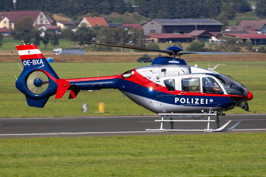 Zeltweg, Austria - September 4, 2024: Austrian police helicopter in the air coming in for landing
