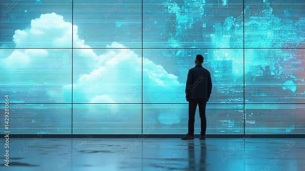 Poster Man Standing Before Digital Wall Displaying Cloud and Data Visualization