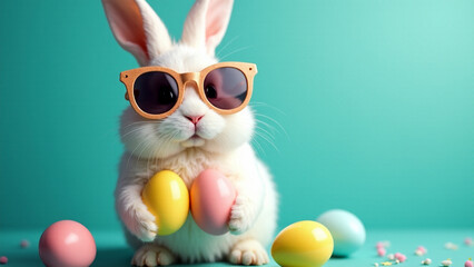 easter bunny in sunglasses holding colorful eggs on teal background


