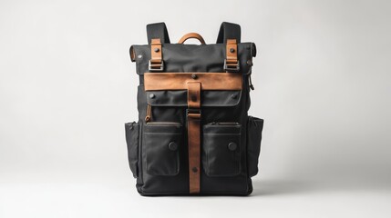 Eco-friendly backpack made with sustainable materials, featuring sleek design and multiple pockets, isolate on white background