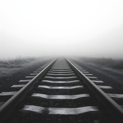 Fog-shrouded railway tracks stretch into an ethereal distance.
