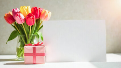 Greeting or invitation card with empty place for text tulips and gift box. Mothers day appreciation. Celebration birthday. The International Womens day voucher mockup. Blank of gift certificate.