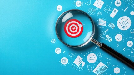 Magnifying glass focusing on target; business strategy, planning; blue background; marketing concept