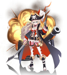 해적, 총, 칼, 소녀, 일러스트