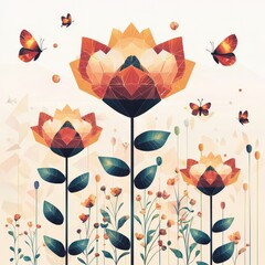 Stylized geometric floral scene with orange-red polygonal flowers and butterflies on pale background