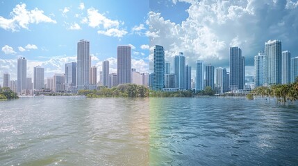 Fototapeta premium Urban cityscape with high-rise buildings partially submerged in water, tropical vegetation, partly sunny and cloudy sky