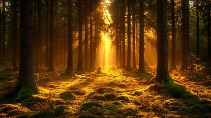 Obraz premium Golden sunlight streams through a dense forest