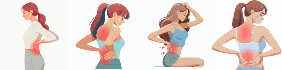vector set of young woman with back pain
