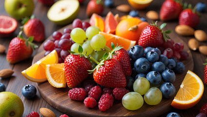 Obraz premium Bright and healthy, this selection of fresh fruits, berries, and nuts is perfect for a refreshing, nutrient-rich snack.