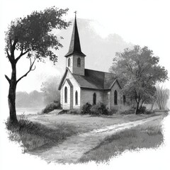 Black and white watercolor church with tree and country path

